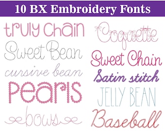 Bundel met 10 BX-borduurlettertypen – bestverkocht cursief, bonensteek, parels, satijn, coquettestrikalfabet, BX- en PES-indeling, direct downloaden