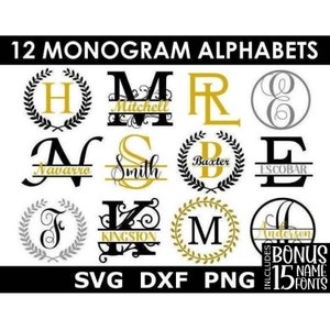 Monogram Bundle SVG/DXF/PNG, 12 Monogram Alphabets + 15 Name Fonts, Family, Engraving, Digital Download, individual letter svg/dxf/png files