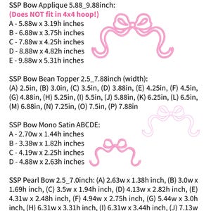 May include: A digital chart titled BX Font Bow Sizes listing dimensions in inches for various bow designs including SSP Bow Applique, SSP Bow Bean Topper, SSP Bow Mono Satin, and SSP Pearl Bow, accompanied by pink line art illustrations of bows.