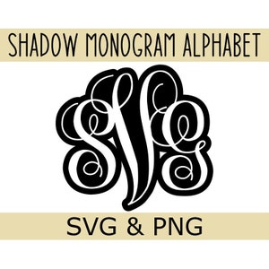 Monogram SVG + PNG-alfabet, in elkaar grijpende mooie schaduwmonogram, instant download, gesneden bestanden, clipart, sublimatie, 52 bestanden
