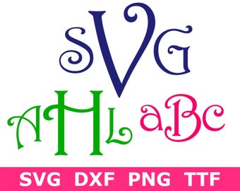 Monogramm SVG + TTF-Alphabet, klassische Curl-Schriftart, Schulschriftart, Sofort-Download, Schnittdateien, 52 einzelne SVG-/PNG-/DXF-Dateien + installierbares TTF