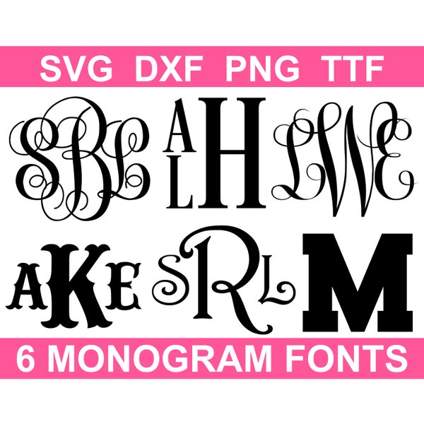 Monogram SVG bundel + TTF, 6 monogram lettertype alfabetten, direct downloaden, bestand knippen, gravure, illustraties, individuele svg/png/dxf-bestanden + ttf