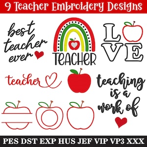 Teacher Embroidery Designs Bundle, MACHINE EMBROIDERY, Teacher Applique, 9 Designs, Instant Download, 4x4 Hoop, 5x7 Hoop, some 6x10 Hoop