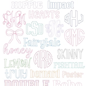 May include: An image showcasing 20 different bean stitch BX fonts. The fonts include styles like "typewriter", "HIPPIE", "Impact", "HEARTS", "Fairytale", "honey", "LEMON", "SKINNY", "FISHTAIL", "DOUBLE", and "Boho". The text "BX Format ONLY!" is also displayed.
