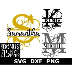 Split Monogram SVG/DXF/PNG, Split Monogram Frame Alphabet + 15 Name Fonts, Digital Download, Engraving, 26 individual svg/dxf/png files