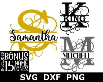 Split Monogram SVG/DXF/PNG, Split Monogram Frame Alphabet + 15 Name Fonts, Instant Download, Engraving, 26 individual svg/dxf/png files