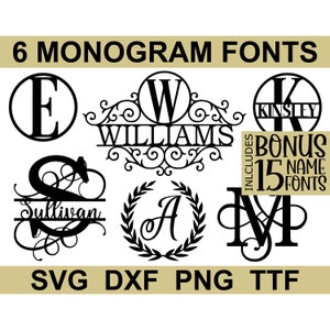 Monogram Font SVG Bundle, TTF Fonts, 6 Monogram Fonts + 15 Name Fonts, Digital Download (individual svg/png/dxf files + installable TTF)