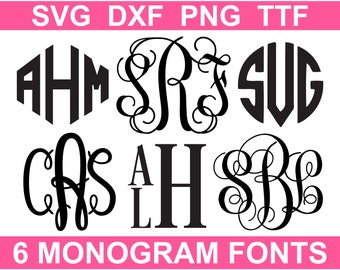 Monogram Font Bundle TTF, 6 Fonts, SVG Monogram Alphabets, Digital Download (individual svg, png, dxf files + installable TTF files)
