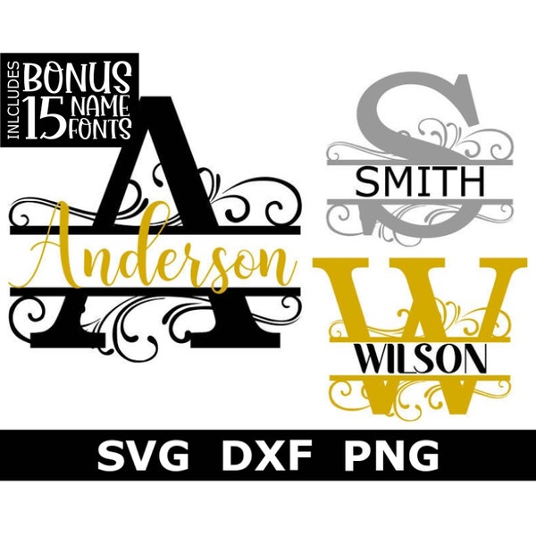 Split-Monogramm SVG/DXF/PNG, Split-Monogramm-Rahmenalphabet + 15 Namensschriftarten, Familienmonogramm, Sofortiger Download, 26 SVG/Dxf/PNG-Dateien