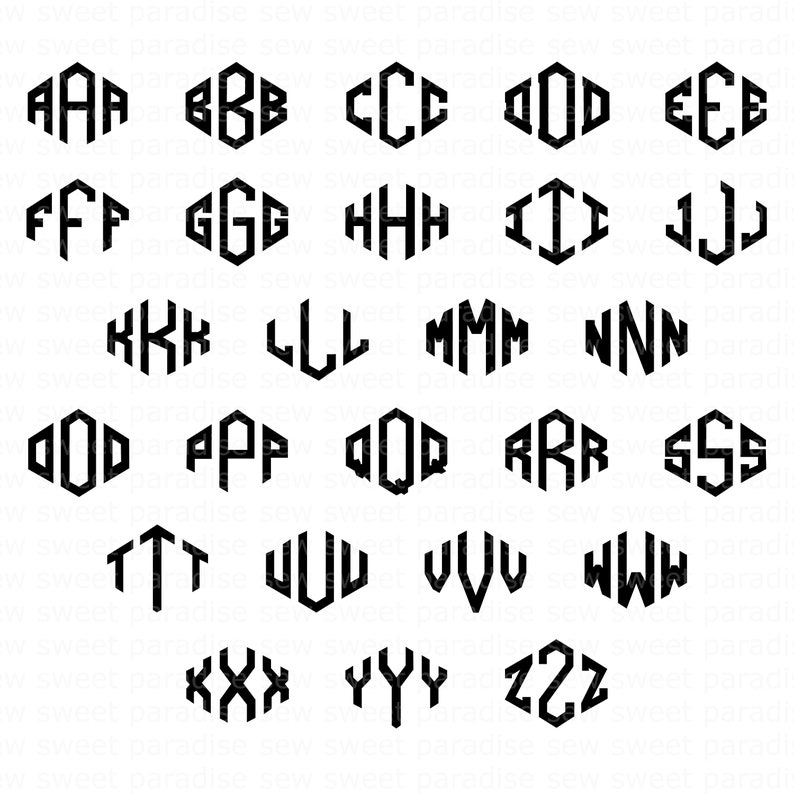Puede incluir: Colecci&oacute;n de letras de monograma negras, cada una dentro de un marco hexagonal. Las letras est&aacute;n en un estilo geom&eacute;trico audaz, perfecto para regalos personalizados o proyectos de manualidades. Las letras van de la A a la Z.