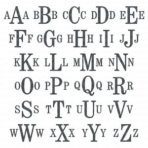 Op de afbeelding: Een compleet alfabet in hoofdletters en kleine letters, weergegeven in een schreeflettertype. De letters zijn donkergrijs en gerangschikt in rijen. Elke letter komt twee keer voor. Ideaal voor knutsel- of ontwerpprojecten.