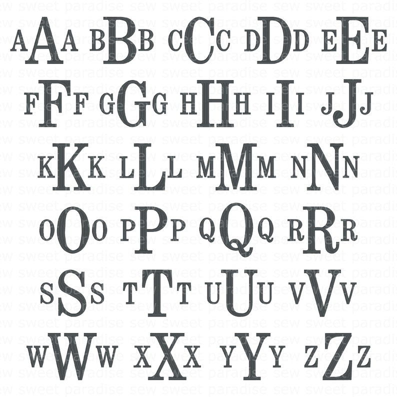 Op de afbeelding: Een compleet alfabet in hoofdletters en kleine letters, weergegeven in een schreeflettertype. De letters zijn donkergrijs en gerangschikt in rijen. Elke letter komt twee keer voor. Ideaal voor knutsel- of ontwerpprojecten.