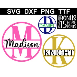 Gesplitst monogram SVG/DXF/PNG, sleutelhanger gesplitste cirkel alfabet + 15 naamlettertypen, direct downloaden, bestanden knippen, 26 afzonderlijke bestanden