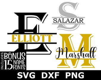 Split Monogram SVG/DXF/PNG, Split Monogram Frame Alphabet + 15 Name Fonts, Instant Download, Engraving, 26 individual svg/dxf/png files