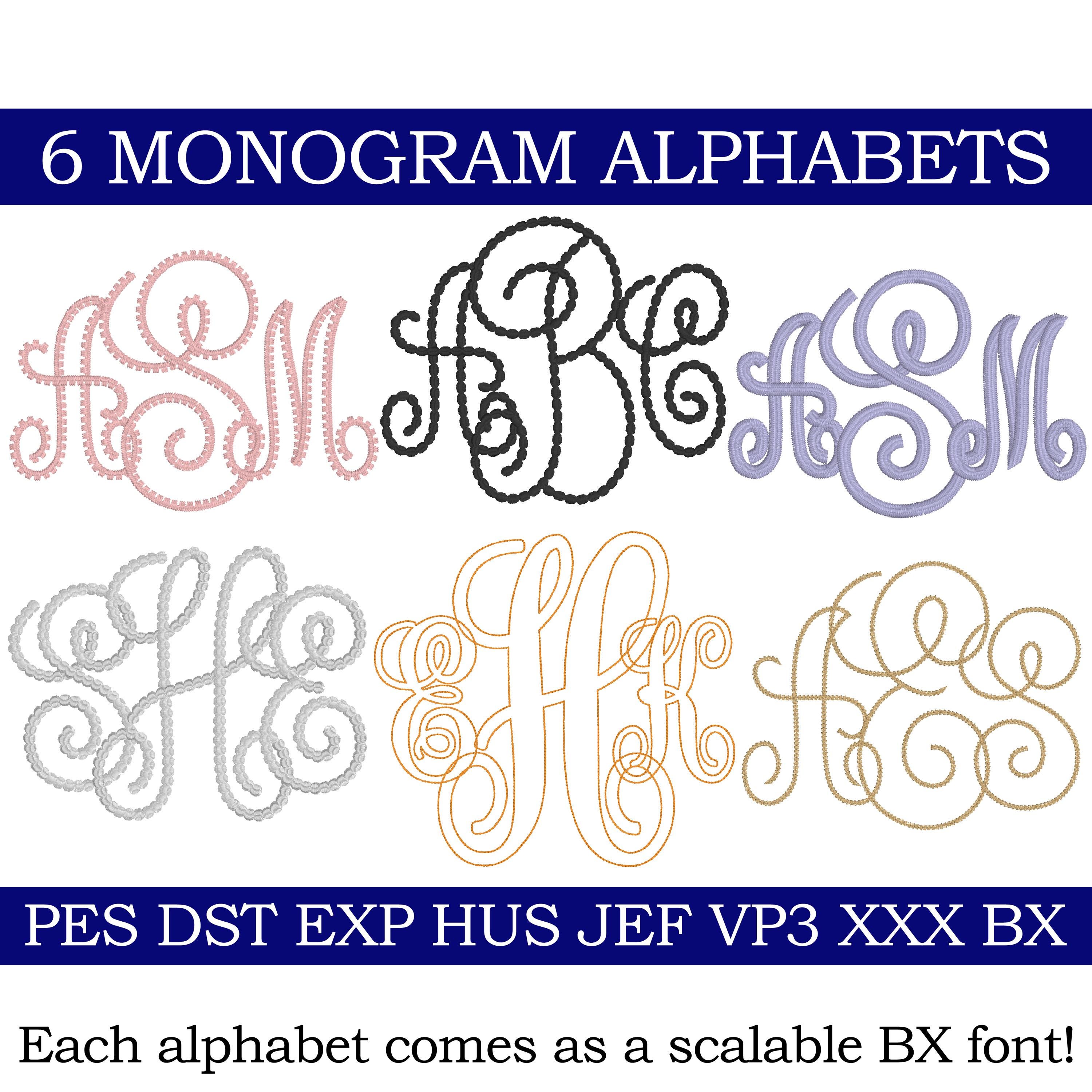 Embroidery Monogram Font Bundle, 6 Monogram Alphabet Fonts, Machine Embroidery, Instant Download, Scalable BX Fonts, Embroidery Fonts