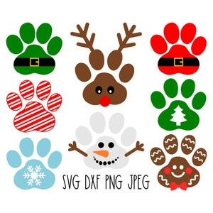 Paw Print SVG Bundle, Dog Bandana SVG, Christmas Dog, Reindeer, Santa, Digital Download, Cut Files, Sublimation (8 svg/dxf/png/jpeg files)