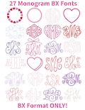 27 Machine Embroidery Monogram BX Font Bundle: Chain, Bean, Satin Stitch, Heart, Pearls, BX Format ONLY! (Instant Download)
