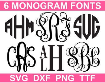 Monogram Font Bundle TTF, 6 Fonts, SVG Monogram Alphabets, Digital Download (individual svg, png, dxf files + installable TTF files)