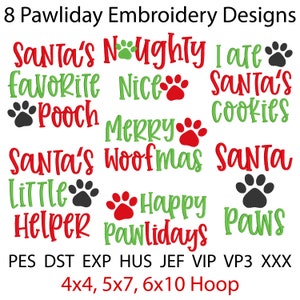 Christmas Embroidery Designs, MACHINE EMBROIDERY, Santa Paws, Happy Pawlidays, Woofmas, 8 Designs, Instant Download, 4x4, 5x7, 6x10 Hoop