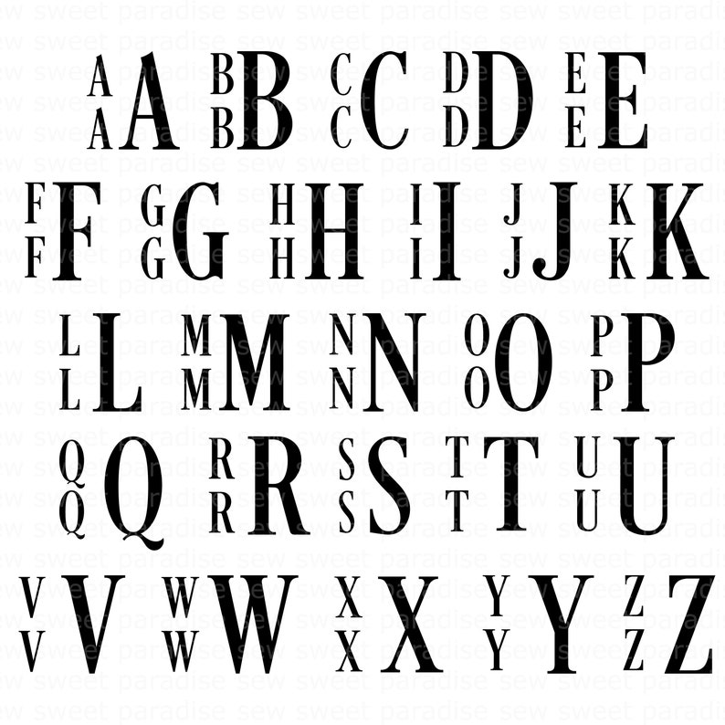 Puede incluir: Tabla del alfabeto en blanco y negro con letras may&uacute;sculas y min&uacute;sculas de la A a la Z. Las letras en fuente serif se muestran en pares, una encima de la otra.