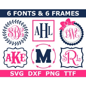 Monogrambundel SVG + TTF, 6 monogram lettertype-alfabetten + 6 frames, schoolmonogram, direct downloaden, bestanden knippen (svg-/png-/dxf-bestanden + TTF-bestand)