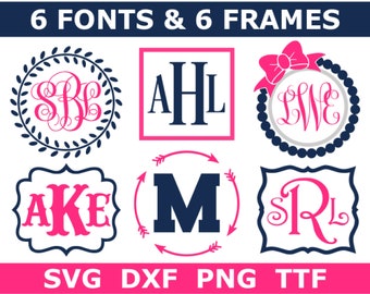 Monogram Bundle SVG + TTF, 6 Monogram Font Alphabets + 6 Frames, School Monogram, Instant Download, Cut Files (svg/png/dxf files + TTF file)