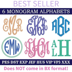 6 Satin Stitch Monogram Embroidery Bundle, Alphabet Designs, PES + 7 formats, Machine Embroidery Letters (Does NOT come in BX format!)