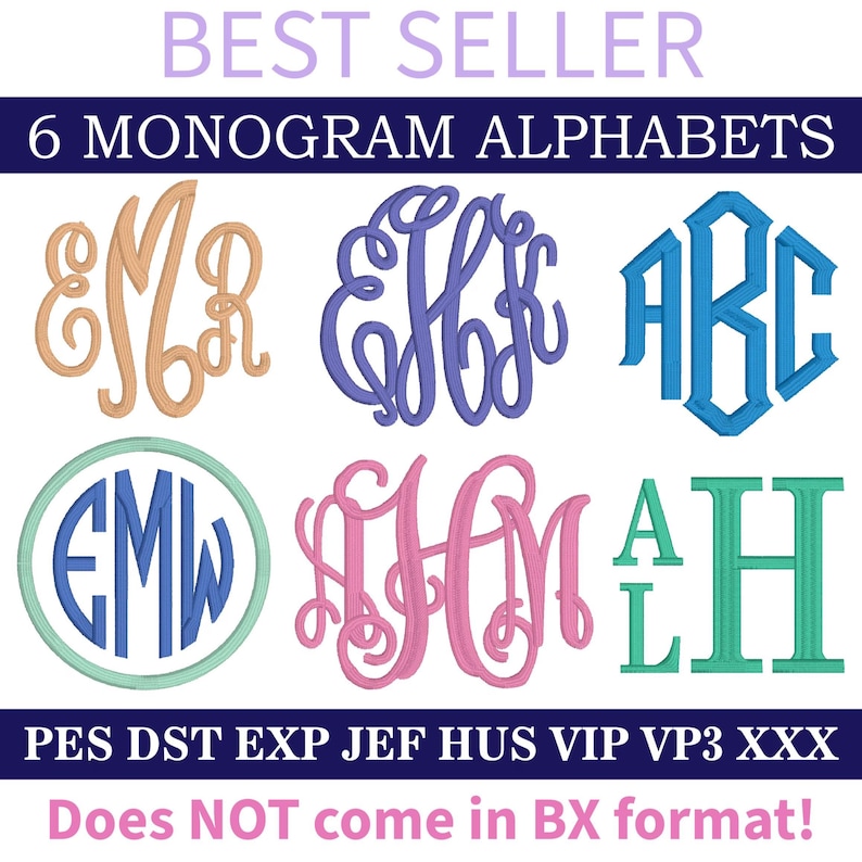 6 satijnsteken monogram borduurbundel, alfabetontwerpen, PES + 7-indelingen, machineborduurletters (NIET in BX-indeling!) afbeelding 1