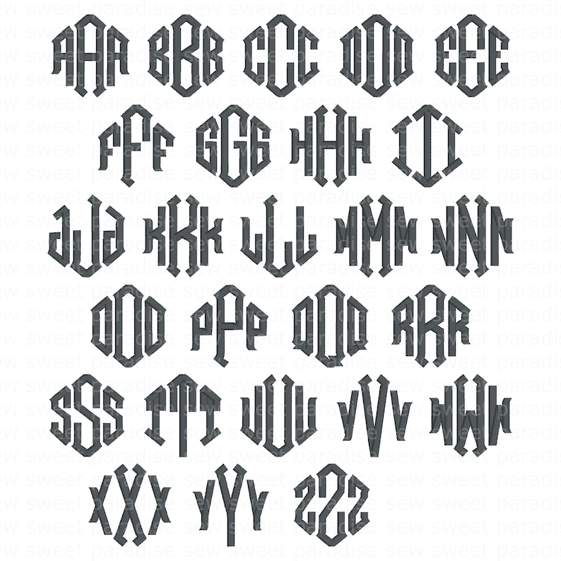 Op de afbeelding: Een verzameling donkergrijze monogramletters, elk binnen een zeshoekig frame. De letters, van A tot Z, worden weergegeven in een klassiek, gotisch lettertype. De afbeelding is een digitaal ontwerp, geschikt voor knutselprojecten.