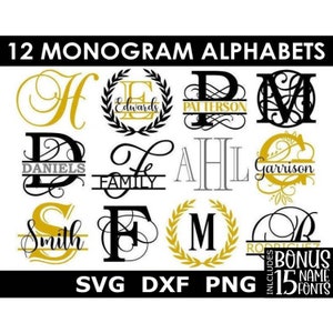 Monogram Bundle SVG/DXF/PNG, 12 Monogram Alphabets + 15 Name Fonts, Digital Download, Cut Files, Engraving (individual svg/dxf/png files)