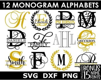 Monogram Bundle SVG/DXF/PNG, 12 Monogram Alphabets + 15 Name Fonts, Digital Download, Cut Files, Engraving (individual svg/dxf/png files)