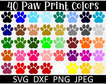 Pfotenabdruck-SVG-Bundle, 40 Pfotenabdruck-Clipart-Farben, digitaler Download, Schnittdateien, Sublimation PNG (40 einzelne SVG-/DXF-/PNG-/JPEG-Dateien)