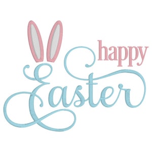 May include: Happy Easter text in blue with a pink bunny ear design.