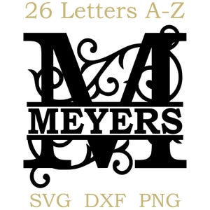 Split-Monogramm SVG Flourish-Alphabet + 15 installierte Schriftarten für Namen, Sofort-Download, Lasergravur, 26 Einzelbuchstaben