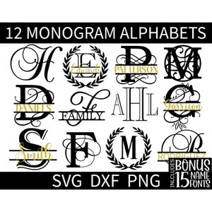 Monogram SVG/DXF/PNG Bundle, 12 Monogram Alphabets + 15 Name Fonts, Instant Download, Engraving, Laser Letters, Individual Letter Files