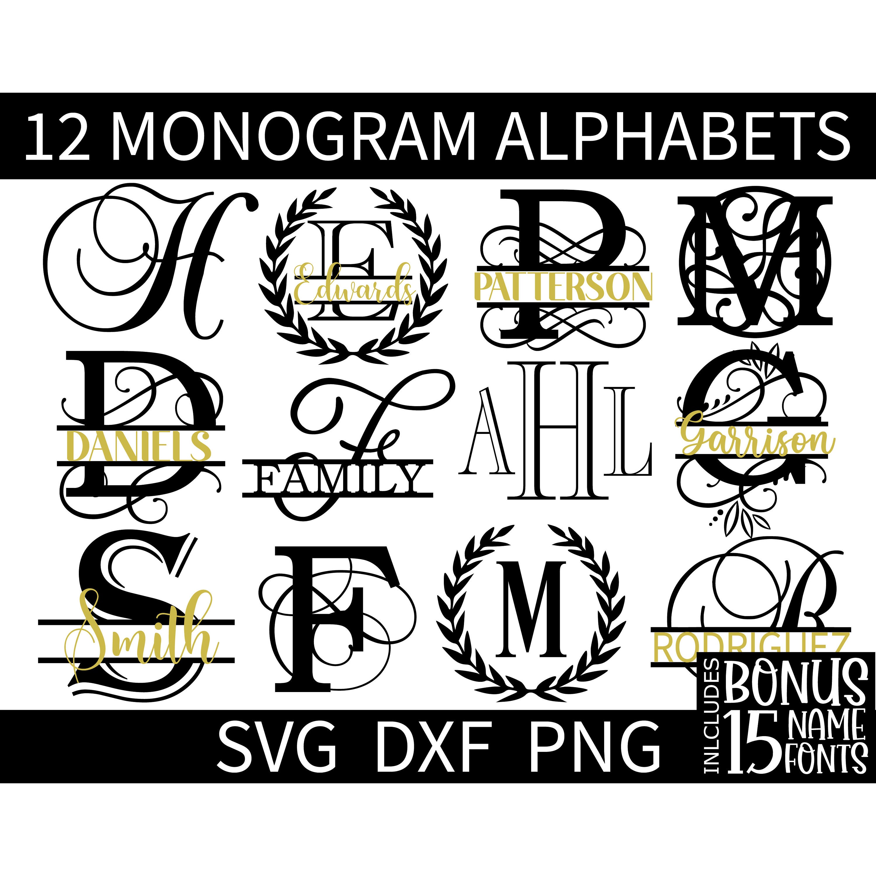 Monogram SVG/DXF/PNG Bundle, 12 Monogram Alphabets + 15 Name Fonts, Instant Download, Engraving, Laser Letters, Individual Letter Files