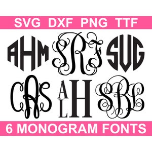 Monogram Font Bundle TTF, 6 Fonts, SVG Monogram Alphabets, Instant Download (individual svg, png, dxf files + installable TTF files)