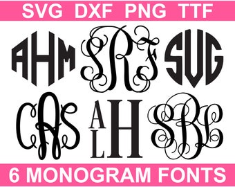 Monogram Font Bundle TTF, 6 Fonts, SVG Monogram Alphabets, Instant Download (individual svg, png, dxf files + installable TTF files)