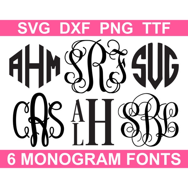 Monogram Font Bundle TTF, 6 Fonts, SVG Monogram Alphabets, Instant Download (individual svg, png, dxf files + installable TTF files)