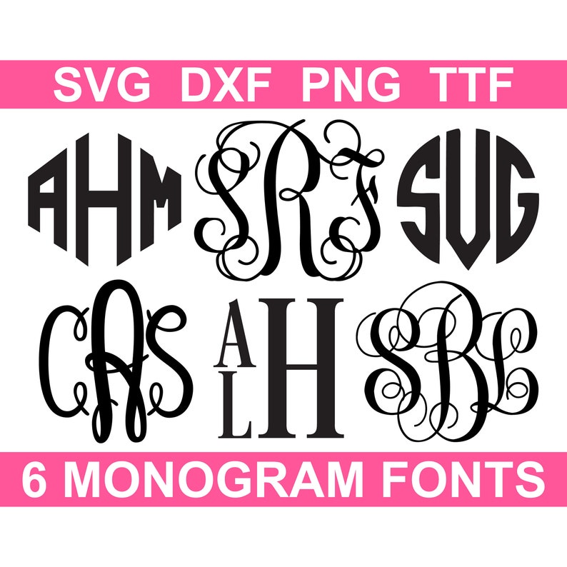 Monogramm-Schriftpaket TTF, 6 Schriftarten, SVG-Monogramm-Alphabete, Sofortiger Download einzelne SVG, PNG, dxf-Dateien installierbare TTF-Dateien Bild 1