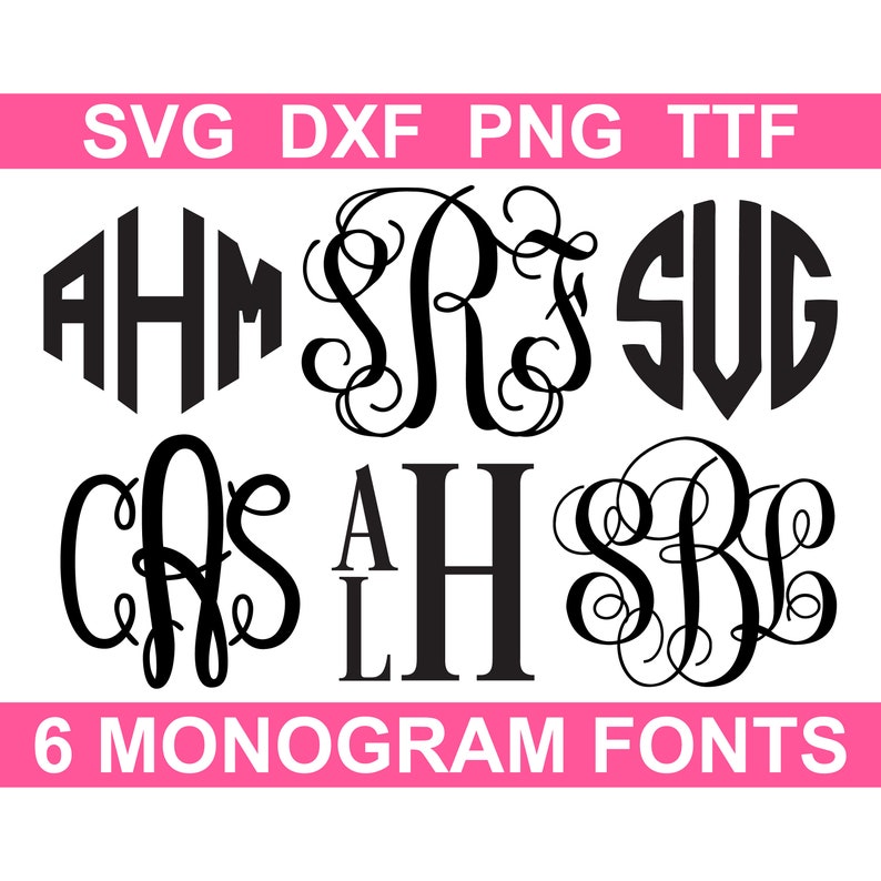 6 monogram fonts bundle, SVG, PNG, DXF, TTF. Includes diamond monogram, circle, fancy monogram, interlocking monogram, block monogram for boys, girls monogram, wedding gift monogram, monograms for shirts, towels, cups, etc.