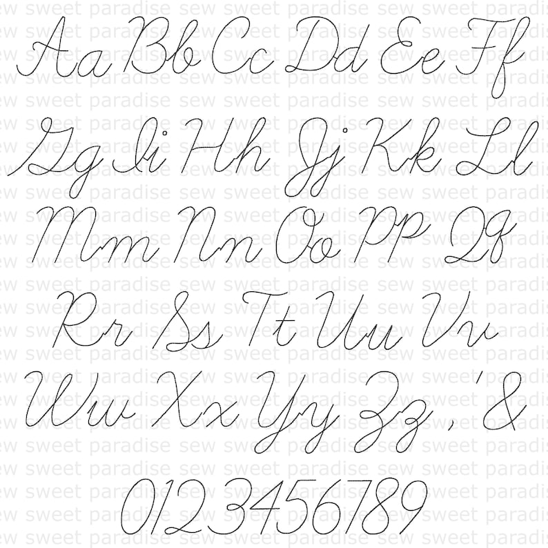 May include: A digital alphabet chart featuring uppercase and lowercase letters from A to Z in a continuous cursive script font. The image includes the ampersand symbol and the numbers zero through nine, all displayed in a thin, dark line style.