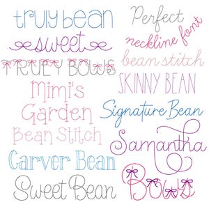 Pode incluir: Num fundo branco, o texto "10 Bean Stitch Fonts" é exibido em preto. Abaixo, dez estilos de fontes diferentes são mostrados em várias cores, incluindo azul, roxo e rosa. As fontes são todas em estilo manuscrito, algumas com elementos decorativos como laços.
