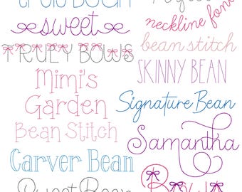 Puede incluir: Una visualización digital de 10 fuentes Bean Stitch con varios estilos y colores de texto, incluidos Truly Bean, Perfect, Sweet, Neckline Font, Truly Bows, Skinny Bean, Mimi's Garden, Signature Bean, Bean Stitch, Samantha, Carver Bean y Bows.