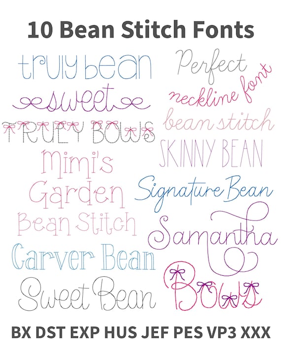 10 BX Embroidery Fonts Bundle: Bean Run Stitch, Cursive Neckline, Coquette Bows Font, PES + 7 Formats (Instant Download)