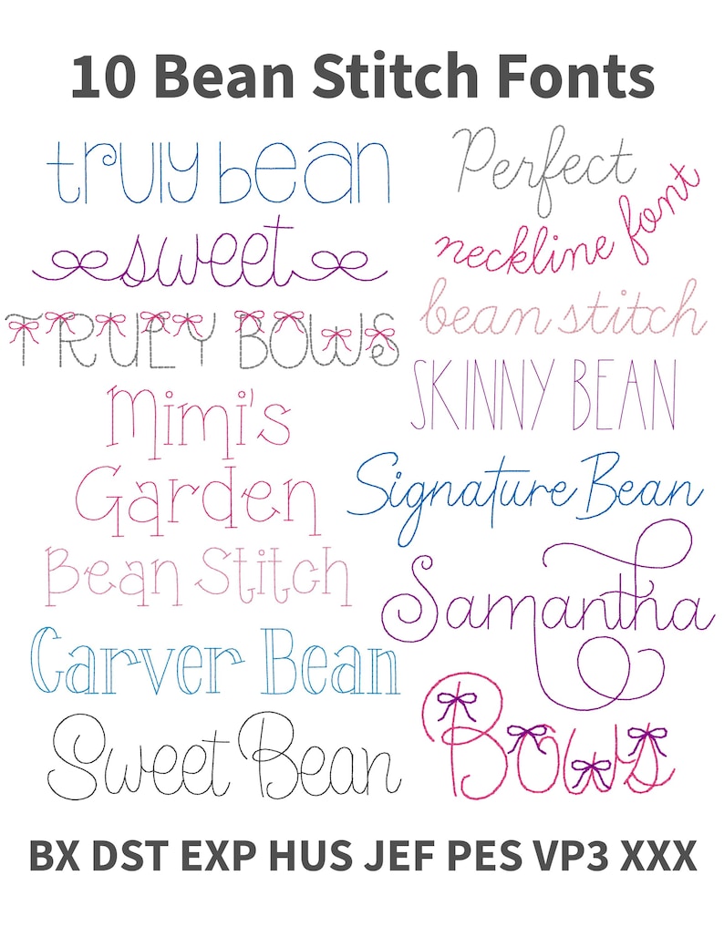 May include: A digital display of 10 Bean Stitch Fonts featuring various styles and colors of text including Truly Bean, Perfect, Sweet, Neckline Font, Truly Bows, Skinny Bean, Mimi's Garden, Signature Bean, Bean Stitch, Samantha, Carver Bean, and Bows.