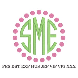 Embroidery Round Monogram, MACHINE EMBROIDERY, Monogram Alphabet + Polka Dot Frame, 3 Sizes, Instant Download (Does not come in BX Format!)