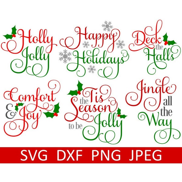 Christmas SVG Bundle, Happy Holidays, Jingle All the Way, Digital Download, Cut Files, Clipart (6 individual svg/dxf/png/jpeg files)