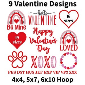 Diseños de bordado de San Valentín: Bordado de corazones, 9 diseños, bastidores de 4x4, 5x7, 6x10, PES + 7 formatos (descarga instantánea)