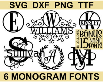 Monogram Font SVG Bundle, TTF Fonts, 6 Monogram Fonts + 15 Name Fonts, Digital Download (individual svg/png/dxf files + installable TTF)
